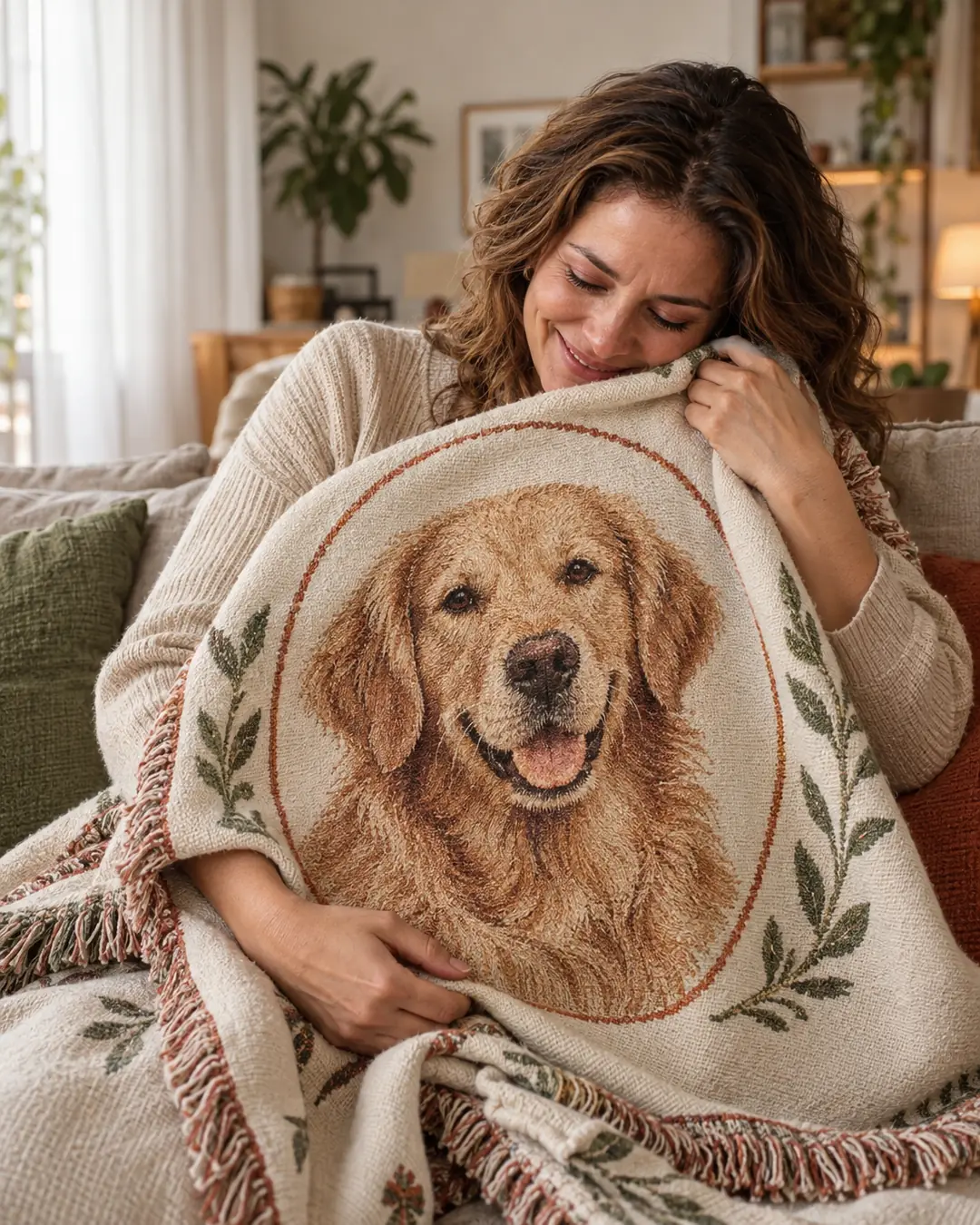 Mulher sorrindo e abraçando uma manta com o retrato do seu cachorro