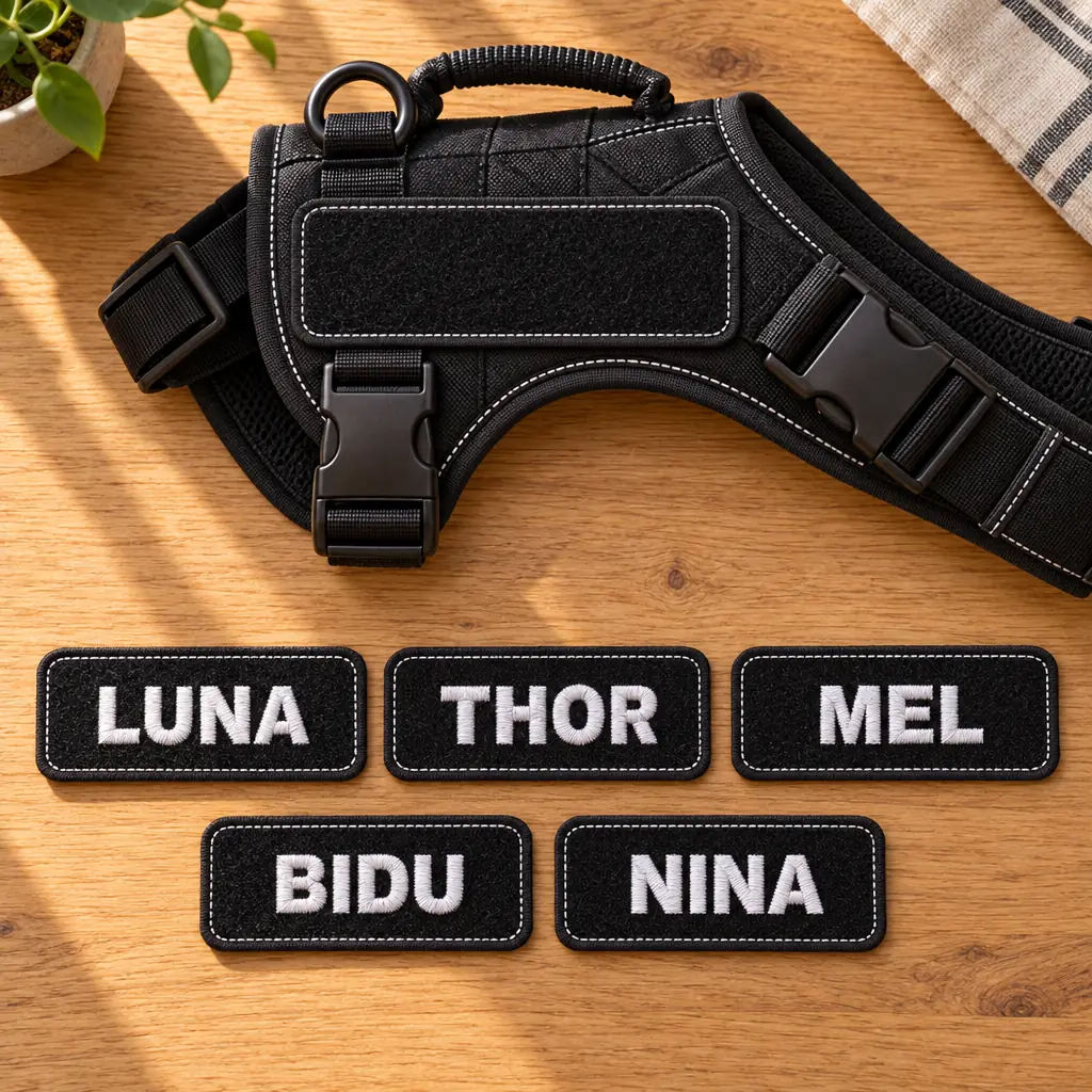 Peitoral preto sobre uma mesa de madeira ao lado de cinco etiquetas de velcro bordadas em linha branca com os nomes Luna, Thor, Mel, Bidu e Nina