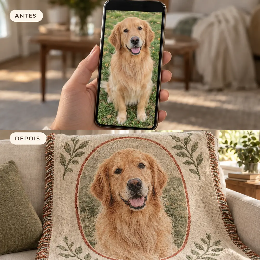Antes: celular com a foto de um golden retriever. Depois: a manta com o retrato dele