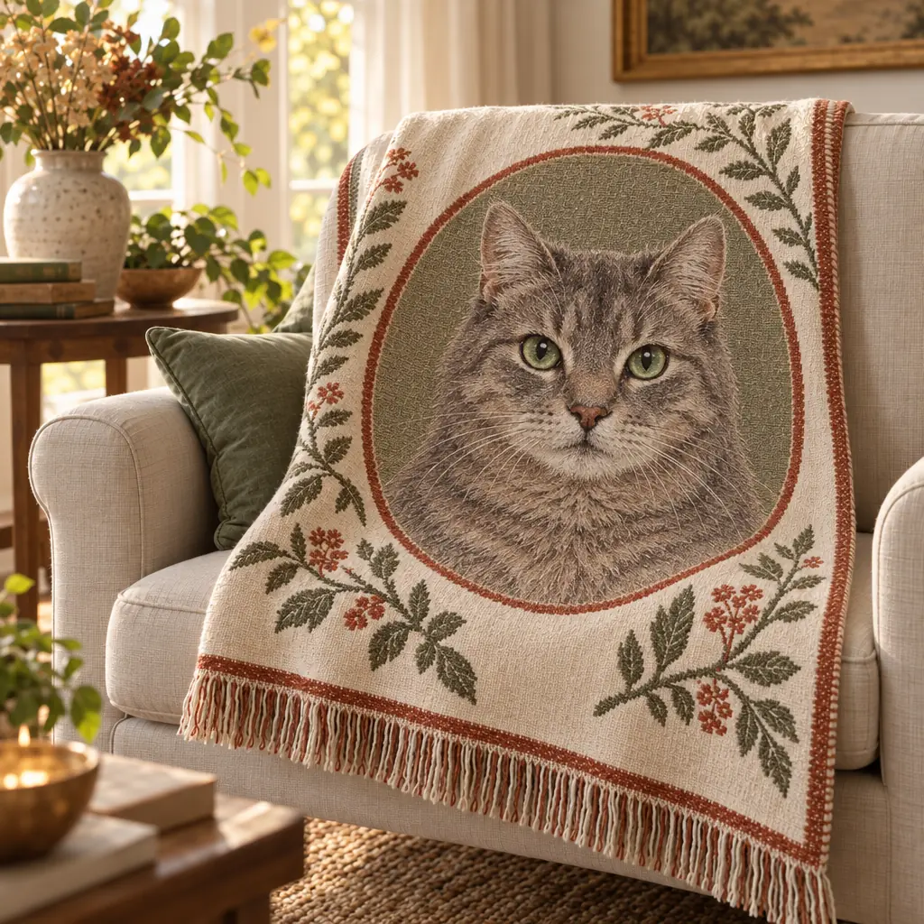 Manta creme com o retrato de um gato cinza em moldura oval, sobre uma poltrona