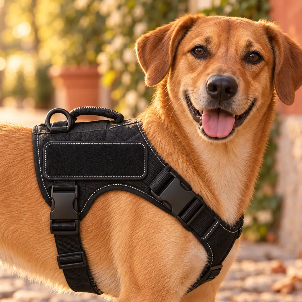 Vira-lata caramelo usando o peitoral preto, com a etiqueta de velcro da lateral pronta para receber o nome do seu pet