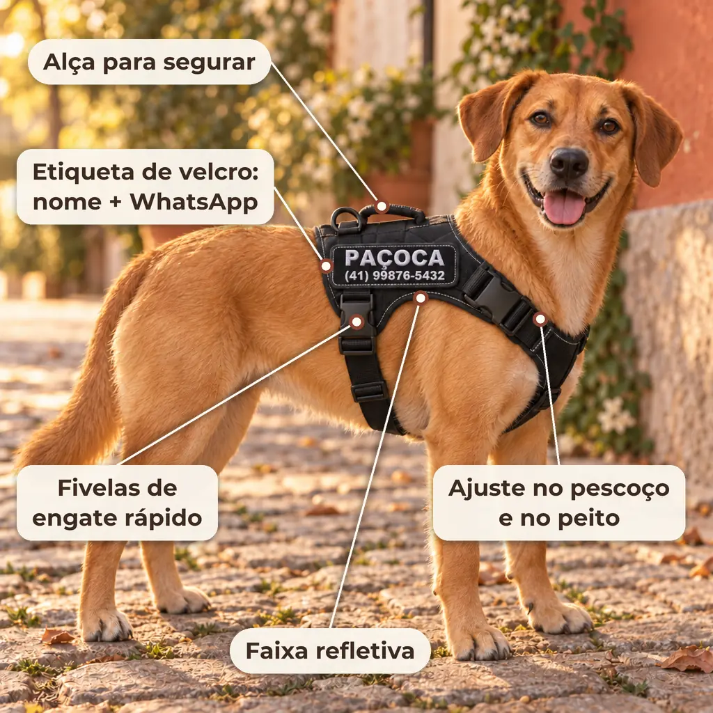 Vira-lata caramelo de corpo inteiro usando o peitoral preto, com indicações: alça para segurar, etiqueta de velcro com nome e WhatsApp (número de exemplo), fivelas de engate rápido, ajuste no pescoço e no peito e faixa refletiva